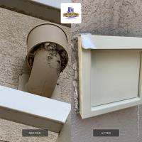 A before and after comparison of a dryer vent outside of a client's home. 